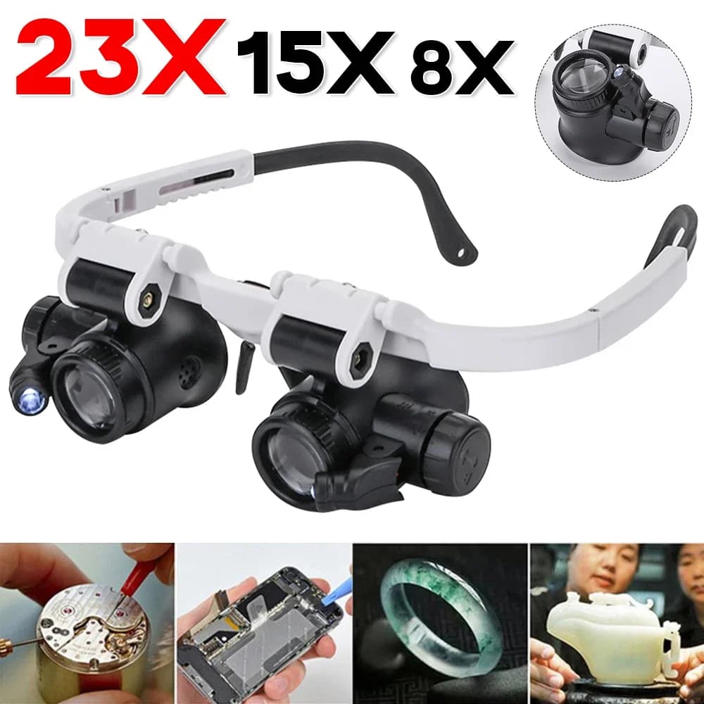 Lente d'ingrandimento telescopica per gioielliere 8X/15X/23X con lente d'ingrandimento a luce LED per occhiali da lavoro di precisione orologiaio da lettura