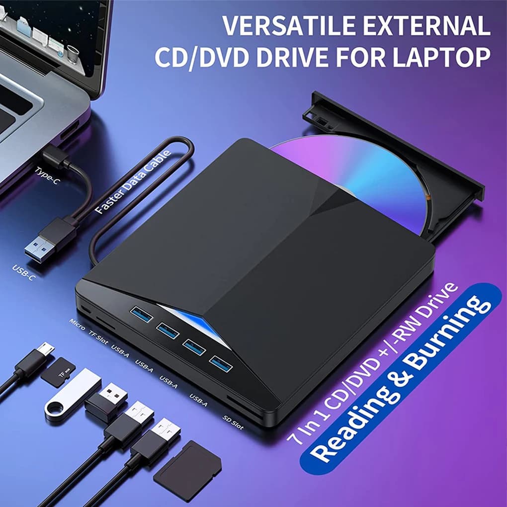 7 in1 USB 3.0 Tipo C CD esterno DVD RW Unità ottica Masterizzatore DVD Lettore Unità super ottica per PC portatile Notebook