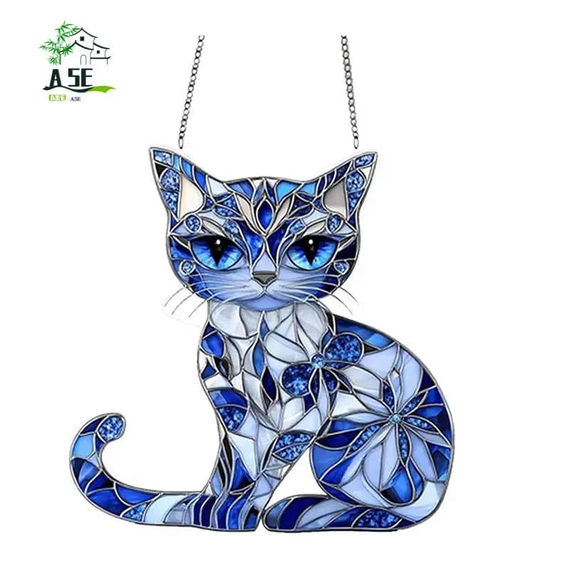 A05E-8Inch Cat Christmas Tree Suncatcher Ornament, Acrylic Cat Couple With Flowers Suncatcher Window Hanging Decor