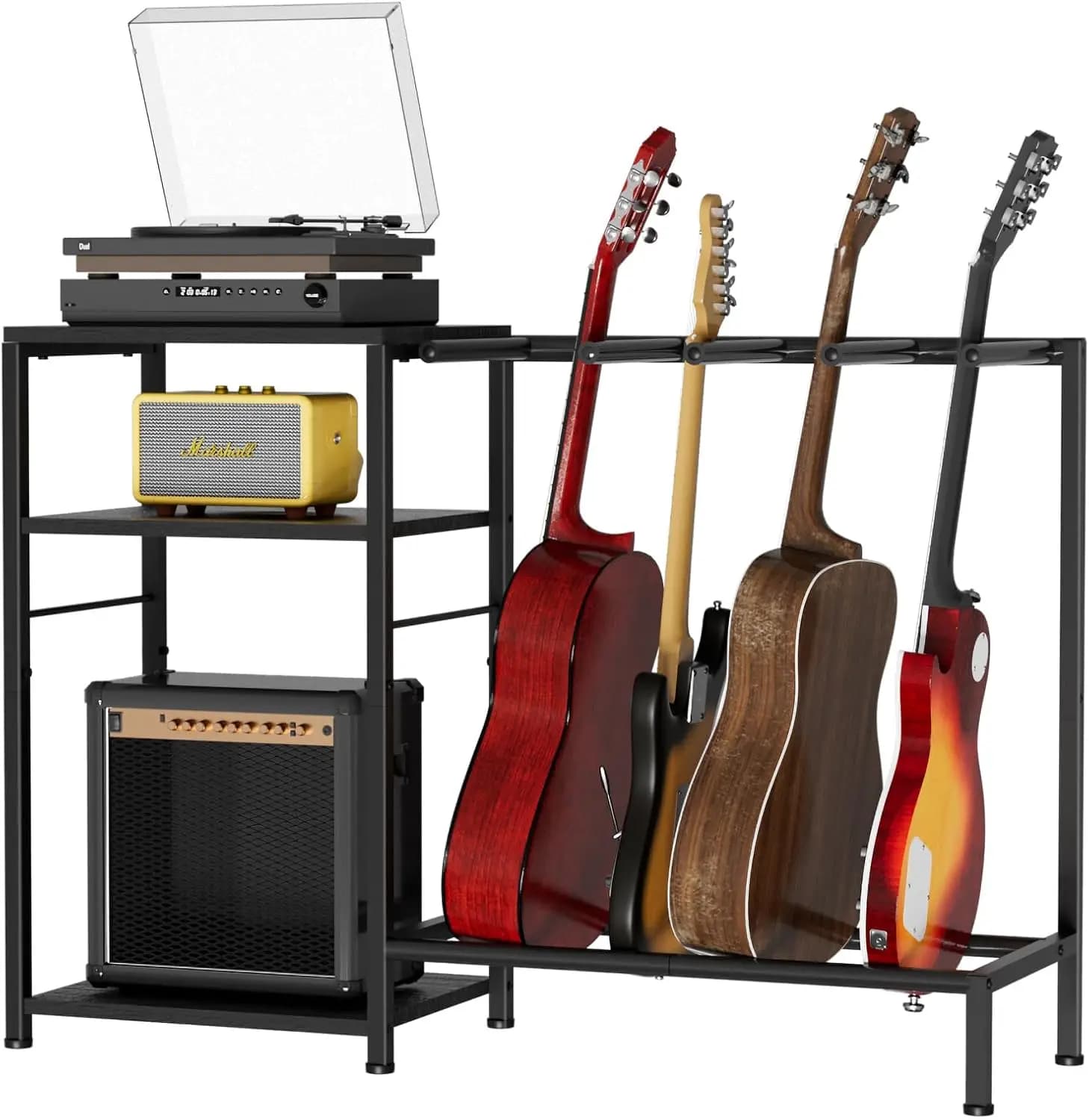 Supporto per 4 Chitarre, Rack Regolabile per Chitarre Multiple con Protezione Imbottita Morbida per Chitarra Acustica, Elettrica, Basso, Ukulele, Scaffale a 3 Livelli per Amplificatore e Dischi in Vinile, Nero