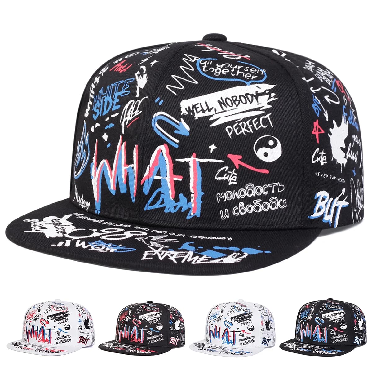 Hip-hop unisex hats with graffiti print WHAT Fashion Autumn Spring Casual baseball caps adjustable outdoors Sun protection hat