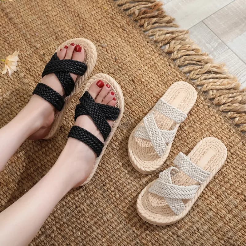 Women's Sandals Summer Cross Strap Women's Slippers Outdoor Braided Linen Shoes Anti Slip Wear-resistant Flat Beach Slippers