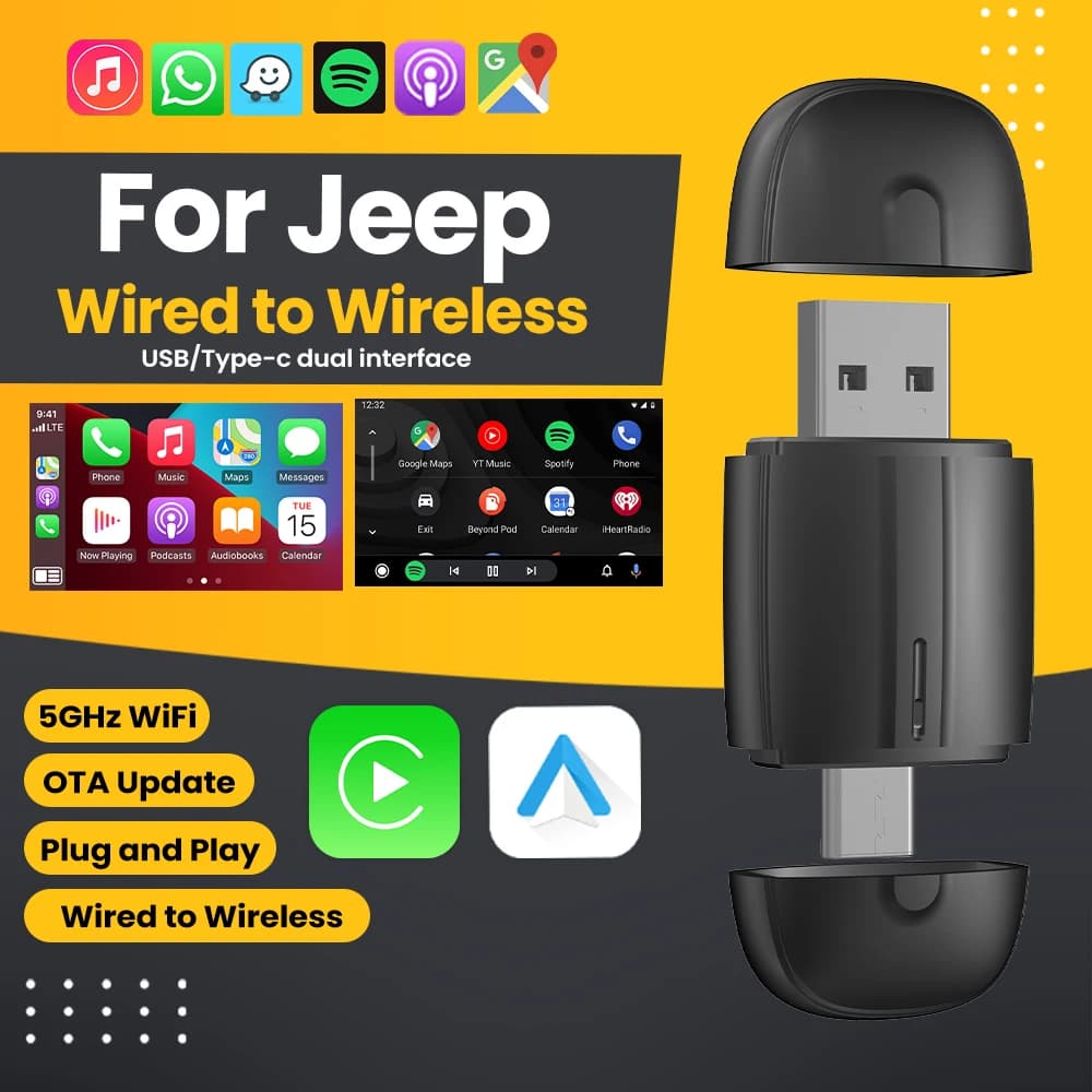 Adattatore Wireless Android Auto Adattatore CarPlay USB Type-C WIFI 2 in 1 per Jeep Compass Grand Cherokee Renegade Wrangler Cherokee