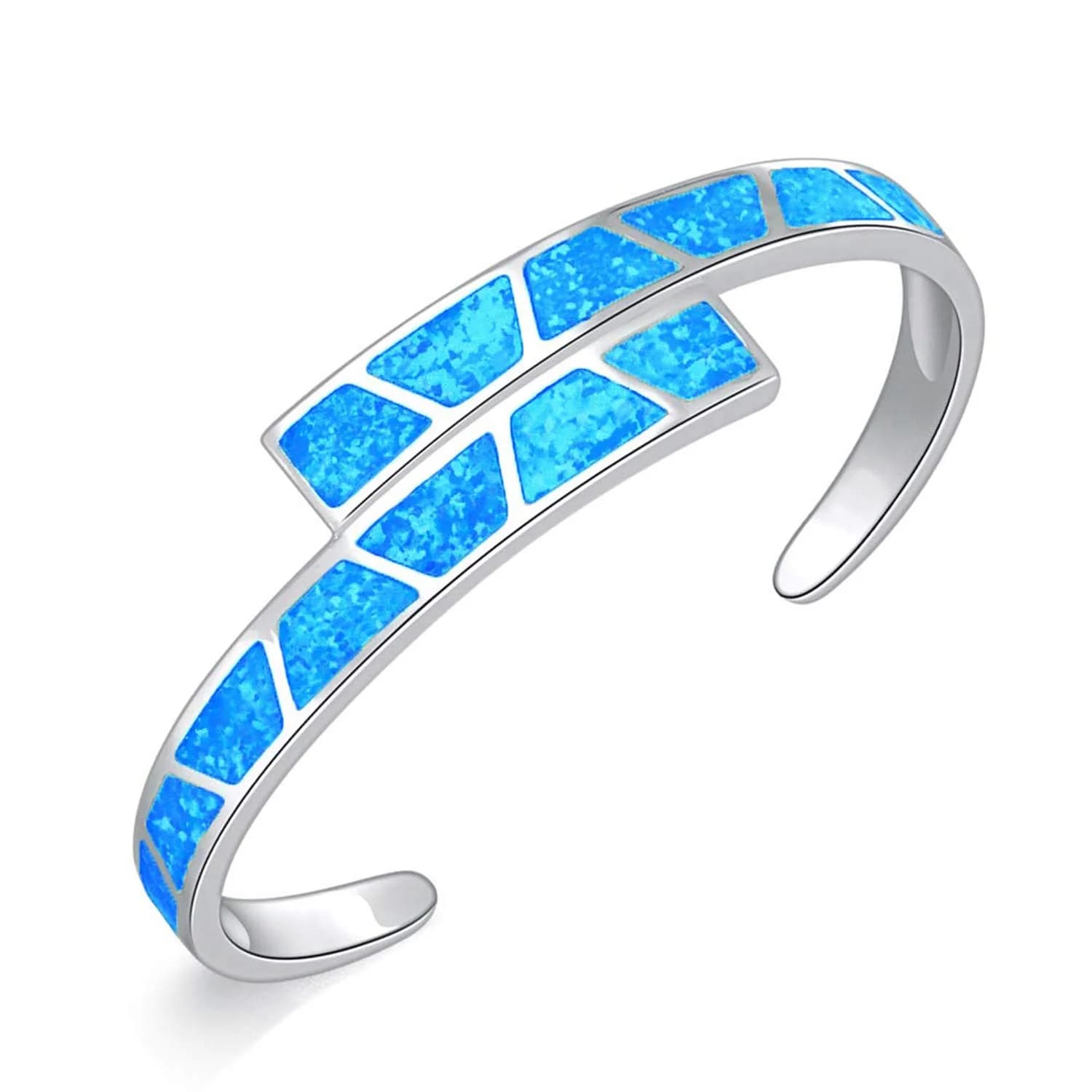 Bracciale geometrico con opale blu, polsino aperto regolabile tono argento con pietre opale irregolari, gioielli moderni e minimalisti per le donne