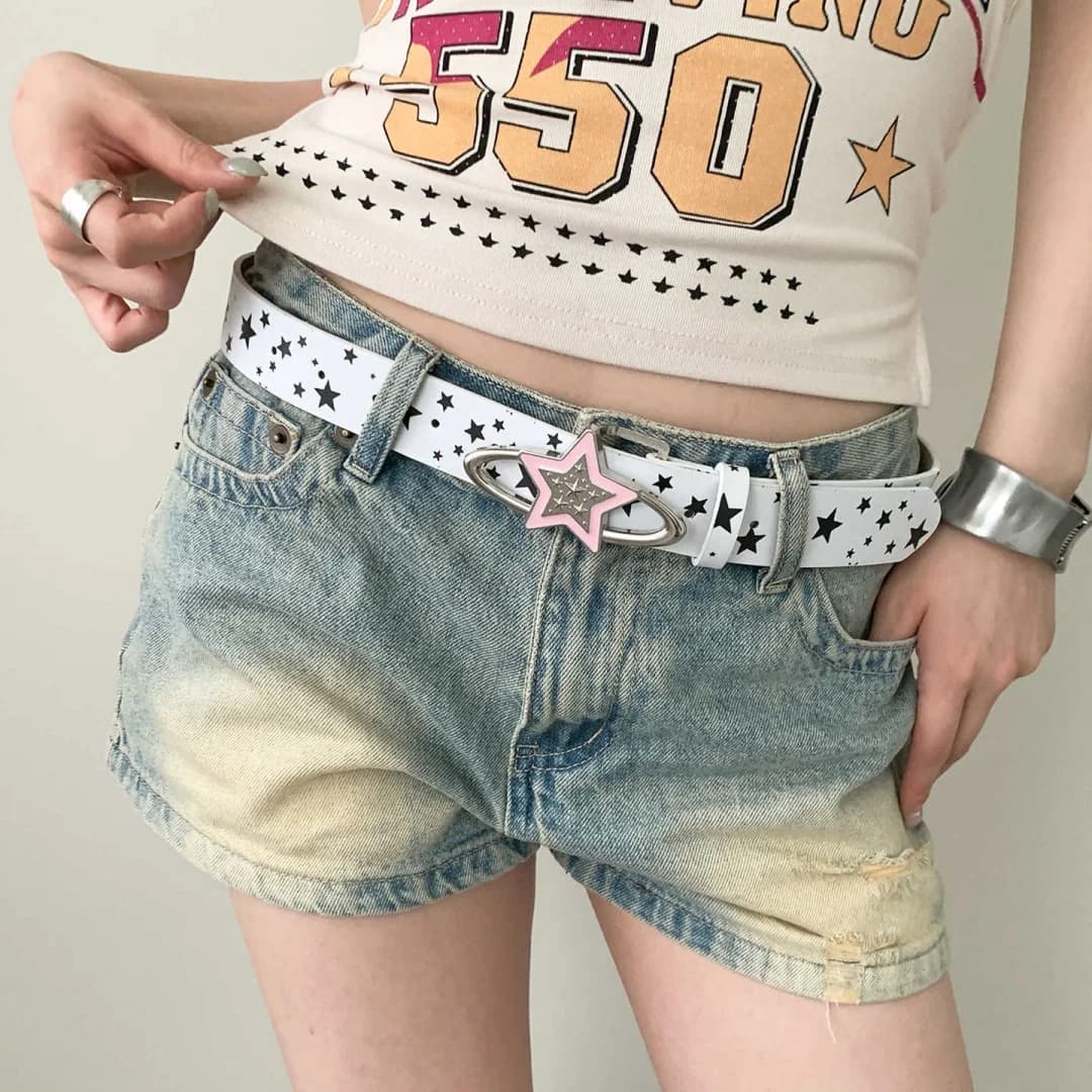 Sweet Cool Starry Print PU Belt with Pink Planet Star Buckle for Women Girls Jeans Shorts Daily Cute Fashion Accessory