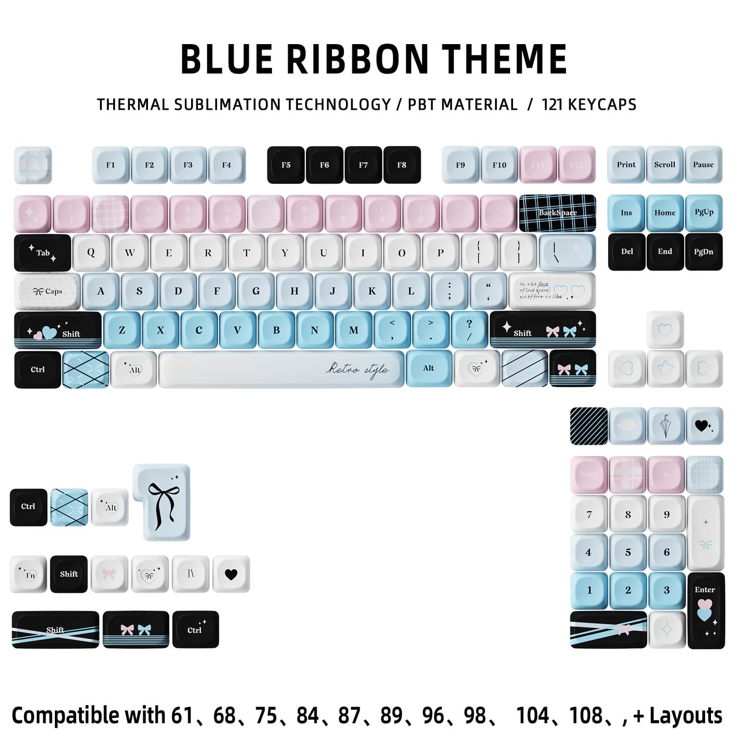 Blue Rlbbon Keycaps 121 Keys PBT Keycap MOA Profile DYE-SUB For MX Switch Wooting Mechanical Keyboard Keycaps ISO ANSI Layout