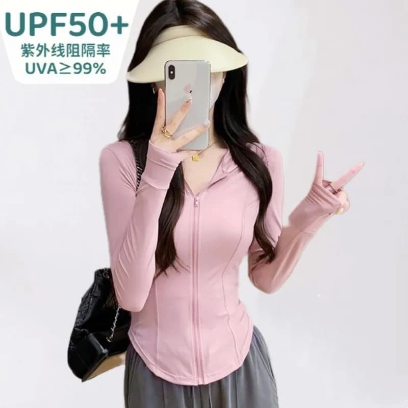 Abbigliamento Protettivo UPF50+ per Donne, Giacca Estiva Sottile con Cappuccio in Seta Ghiacciata, Collo Alto, Protezione UV in PVC