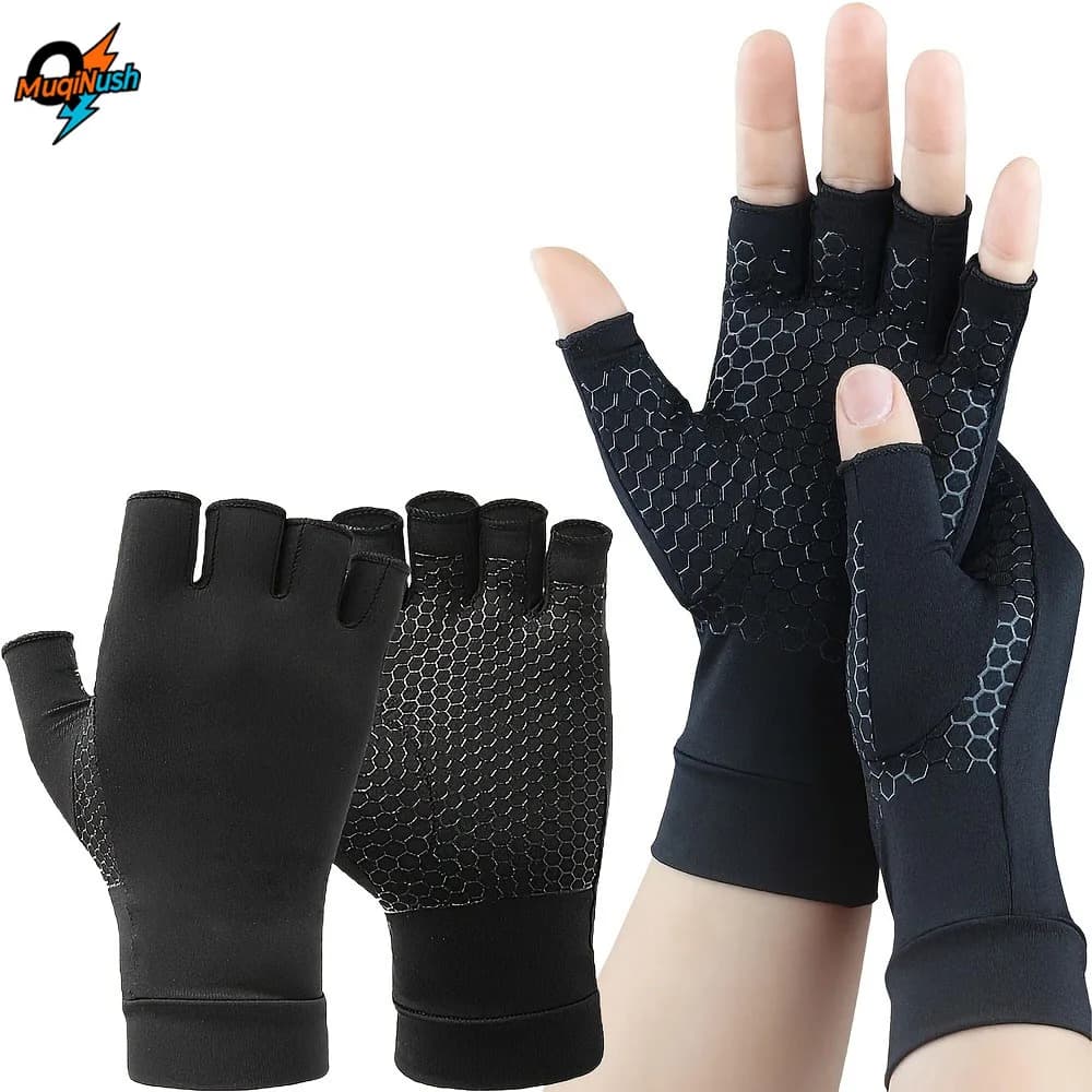 MuqiNush 1 pair of copper fiber compression gloves, half finger pressure support, for typing, sports, gym, running, black men, women