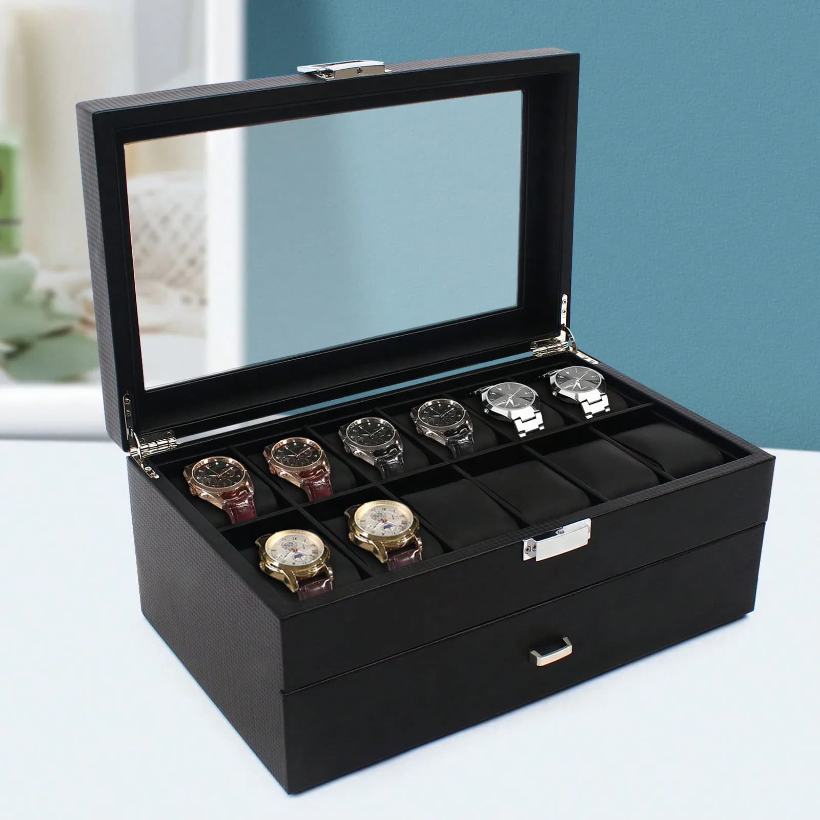 Espositore per 24 Orologi da Uomo, Grande Scatola Organizzatore di Gioielli, Contenitore di Lusso per la Conservazione, Ideale per il Ritorno a Scuola e per il Dormitorio