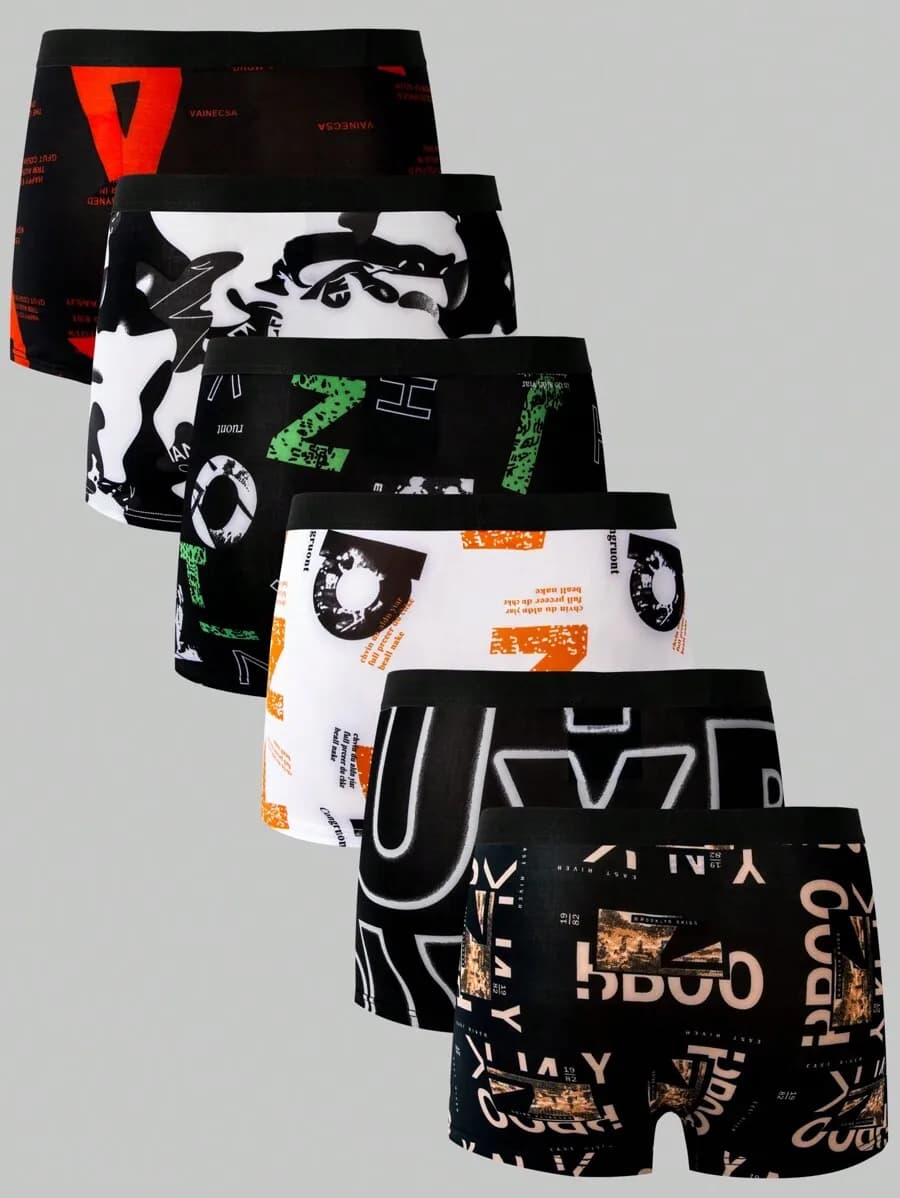 Mens 6 Pieces Printed Boxer Shorts Cotton Blend Comfort Underwear