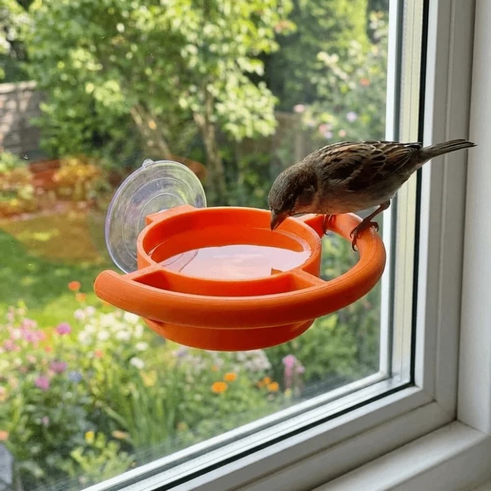 Mangiatoia per Uccelli da Finestra con Ventosa, Abbeveratoio Anti-perdita Decorativo Arancione per Uccelli, Contenitore per Cibo per Vari Uccelli Domestici