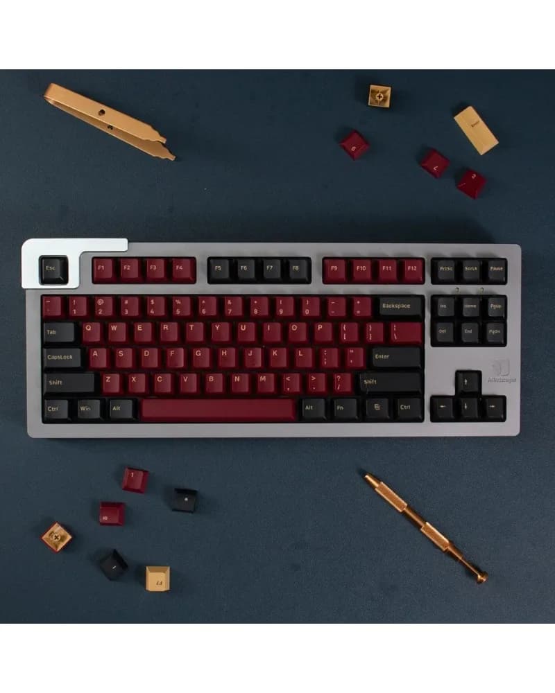 burgundy red gold and black color block pbt dye sub keycaps full set oem profile for mechanical keyboards