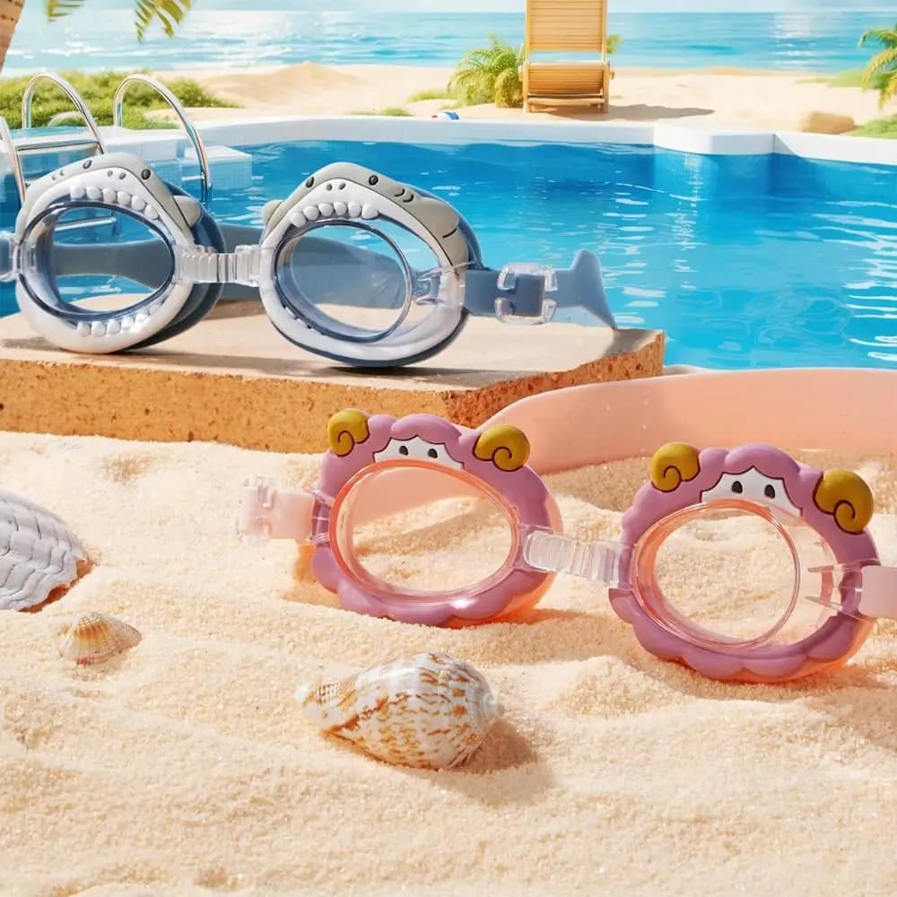 Kids swimwear with cartoon animals, adjustable strap, waterproof swim glasses, creative design, cute