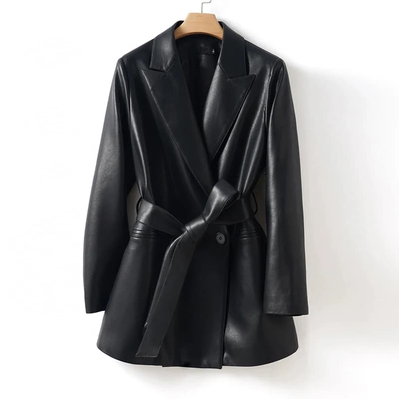 Nuovi Blazer in Pelle di Pecora per Donna 2025, Giacche Eleganti da Ufficio, Monopetto con Cintura Allacciata, Cappotti in Pelle Casual Slim