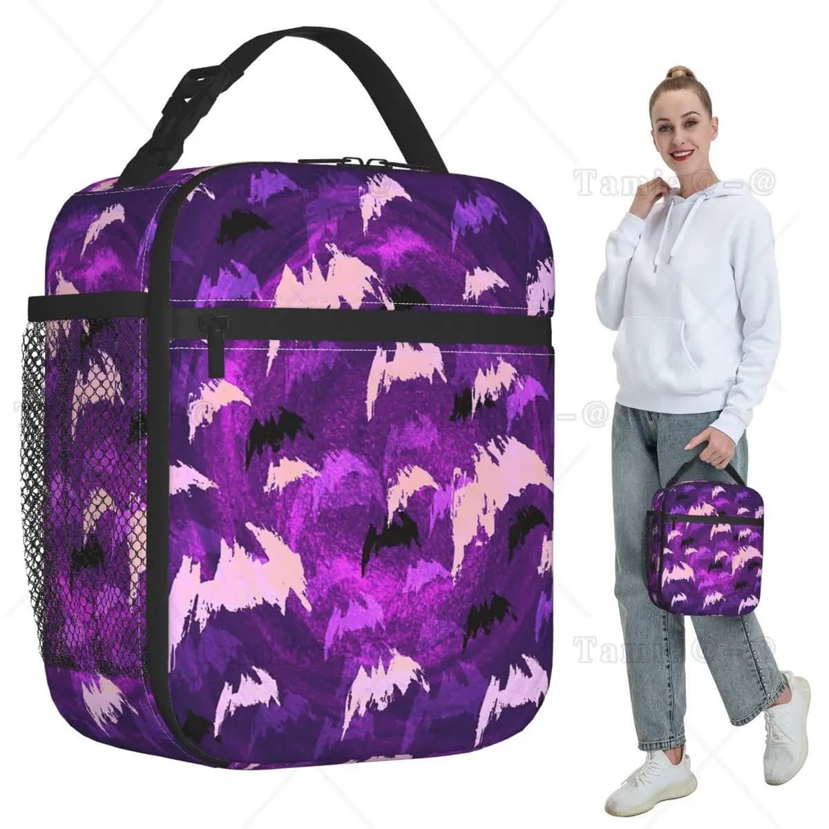 Gradient Purple Bat Pattern Insulated Lunch Bag for Kids School Cooler Thermal Food Box Tote Leakproof Lunch Boxes Container