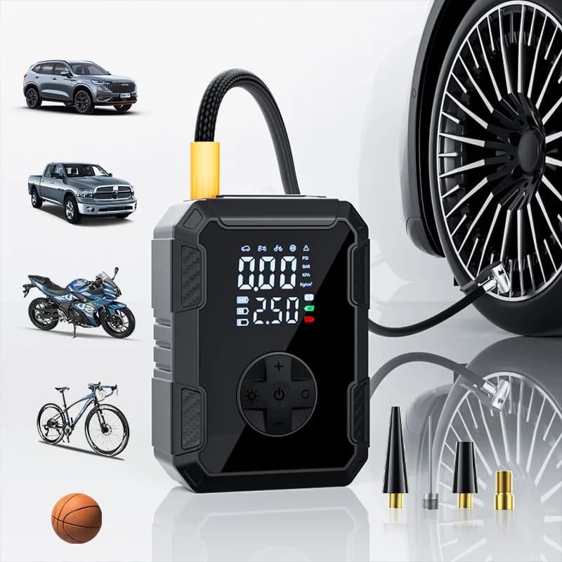 Pompa d'Aria Multifunzione per Auto con Manometro Digitale e Luci LED, Gonfiatore Portatile per SUV, Berlina, Moto e Palloni