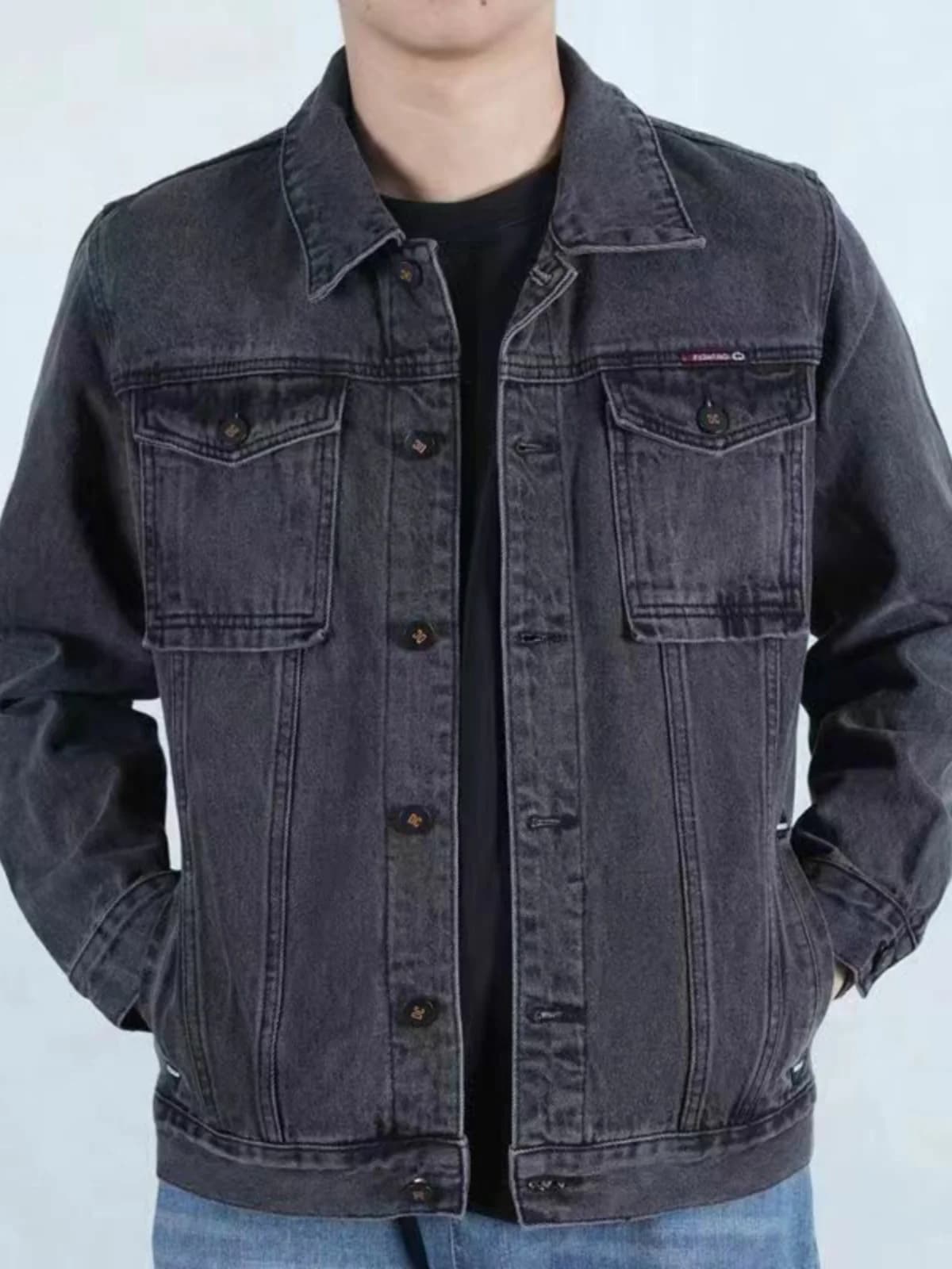 Giacca in Denim di Cotone Lavato da Uomo, Giacca da Lavoro con Colletto, Nuovo Stile Autunno Inverno, Grigio Fumo Vintage, Capospalla Maschile
