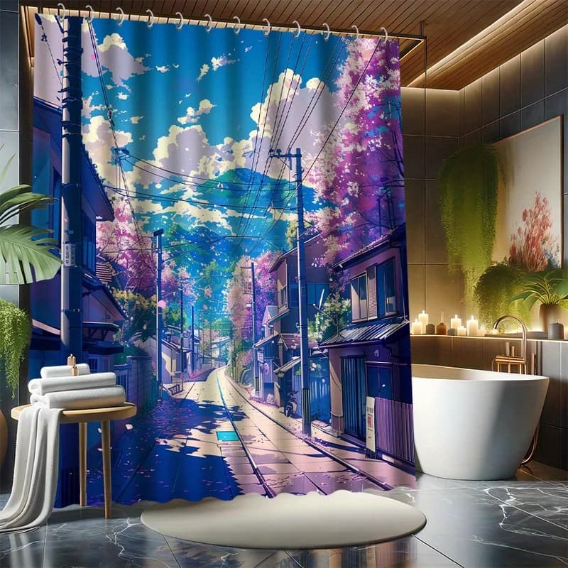 Set tenda da doccia Anime Scenery Street - 12 ganci, poliestere resistente, tema paesaggio cartone animato, arredamento moderno per il bagno per tutte le stagioni
