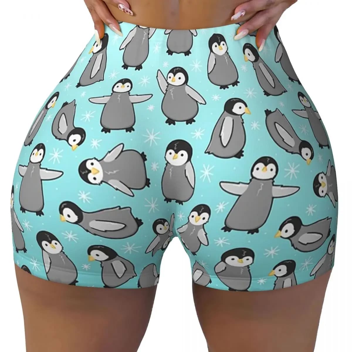 Custom Penguin Chicks Yoga Shorts Women Gym Workout Running Athletic Volleyball Biker Shorts