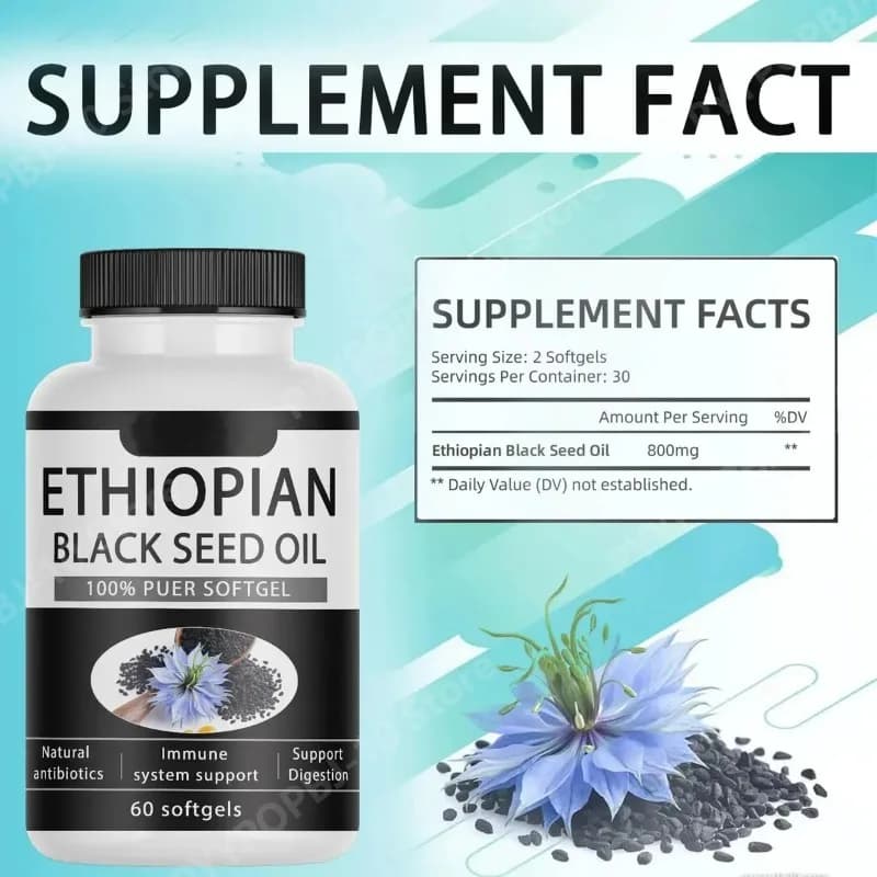 Olio di Semi Neri 100% Etiope Puro in Capsule Morbide 800mg Senza Glutine Non OGM Supporto Quotidiano per la Salute Integratore Alimentare 60 Capsule
