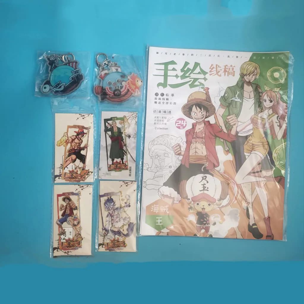 One Piece Anime Gift Set - Line Art Sketch Drawing Book with 2Pcs Acrylic Keychains 4Pcs Metal Chain Bookmarks Collectible Stat