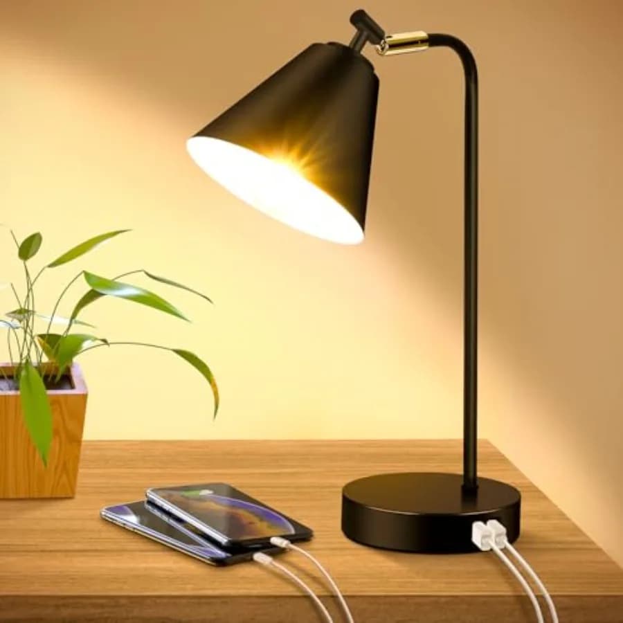 Lampada da Scrivania Industriale Dimmerabile con 2 Porte USB per Ricarica, Presa AC, Controllo Touch, Lampada da Lettura da Comodino con Testa Flessibile B