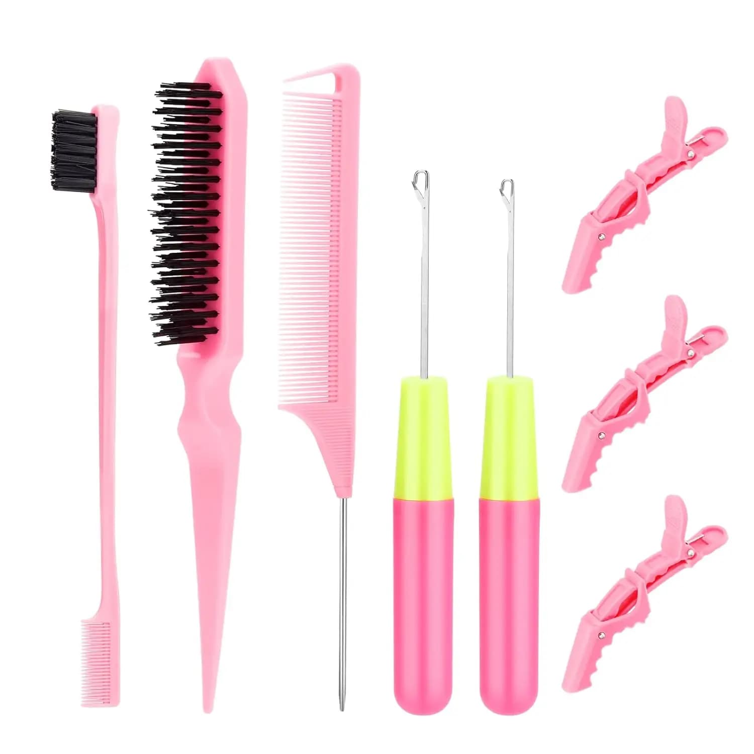 Set di uncinetti per capelli - 2 ferri da uncinetto, spazzola per bordi, spazzola con setole, pettine a coda di topo, 3 clip Gator per estensioni dei capelli twist