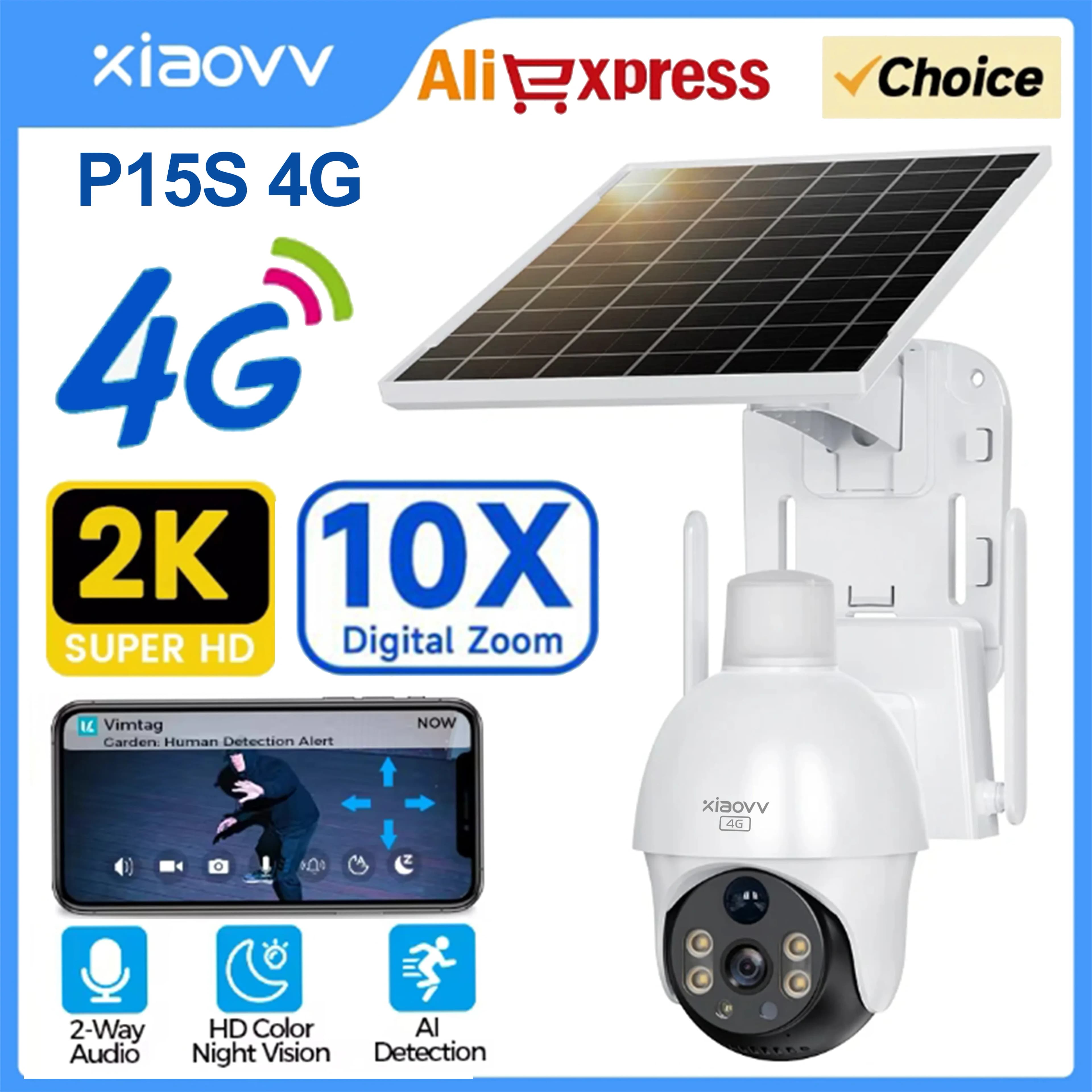 XIAOVV 4G Sim 6MP Telecamere solari esterne PTZ Sorveglianza Telecamere di sicurezza esterne impermeabili Visione notturna a colori Smart Home