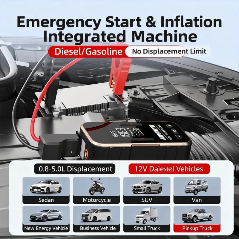 12V Car Jump Starter with Built-in Air Compressor, Battery Booster & Tire Inflator, Portable Emergency Power Bank
