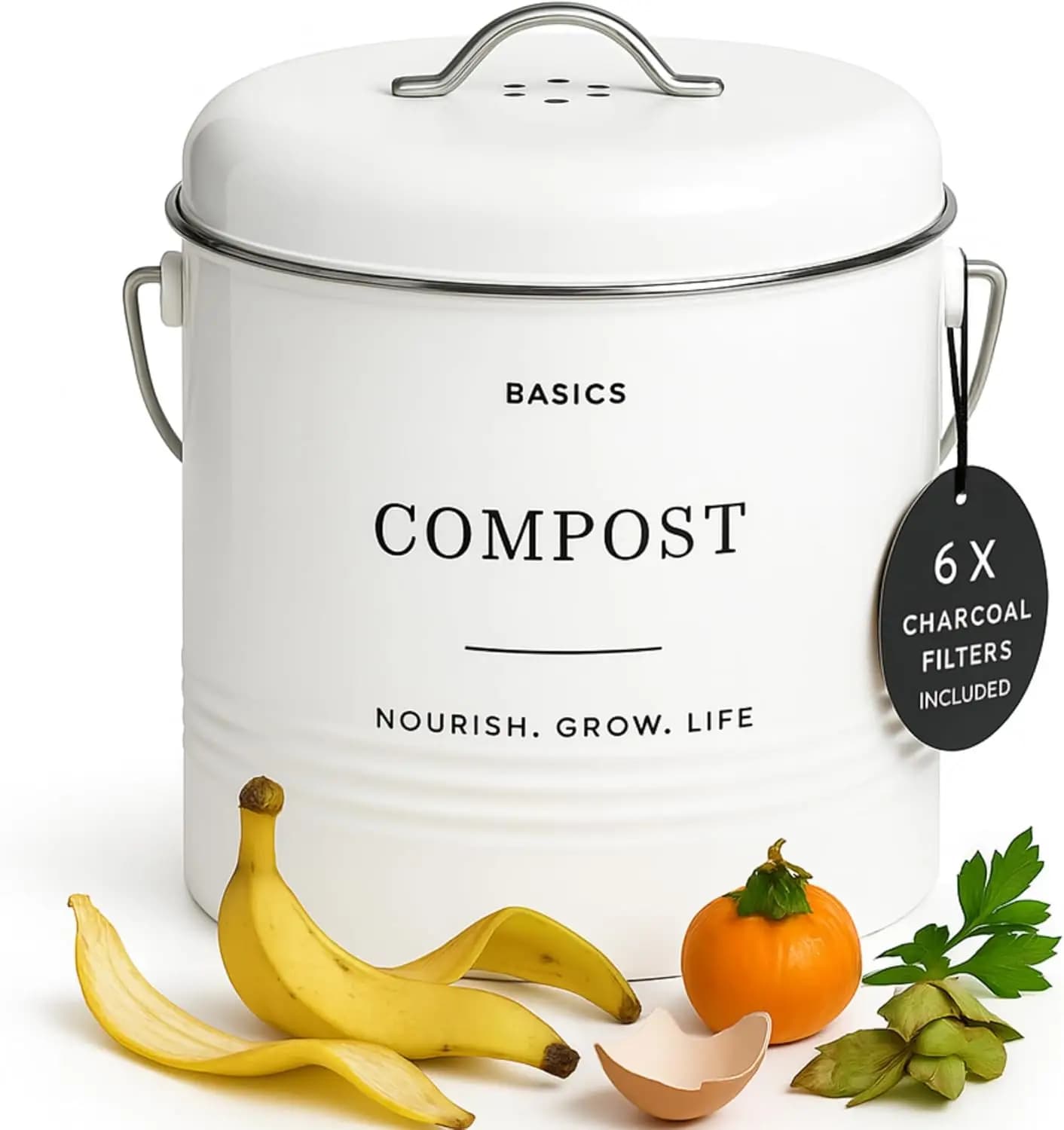 Contenitore per Compost da 1,3 Galloni con Coperchio, Bidone Inodore per Scarti Alimentari da Interno, 6 Filtri al Carbone, Facile da Pulire, Bianco