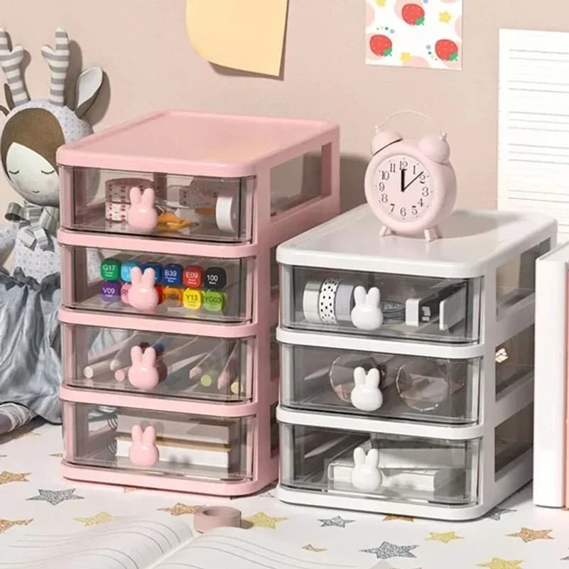 Clear Stacking Drawer Organizer Multi-Tier PP Storage Box Cartoon for Office/Beauty Products, Modular Desktop System