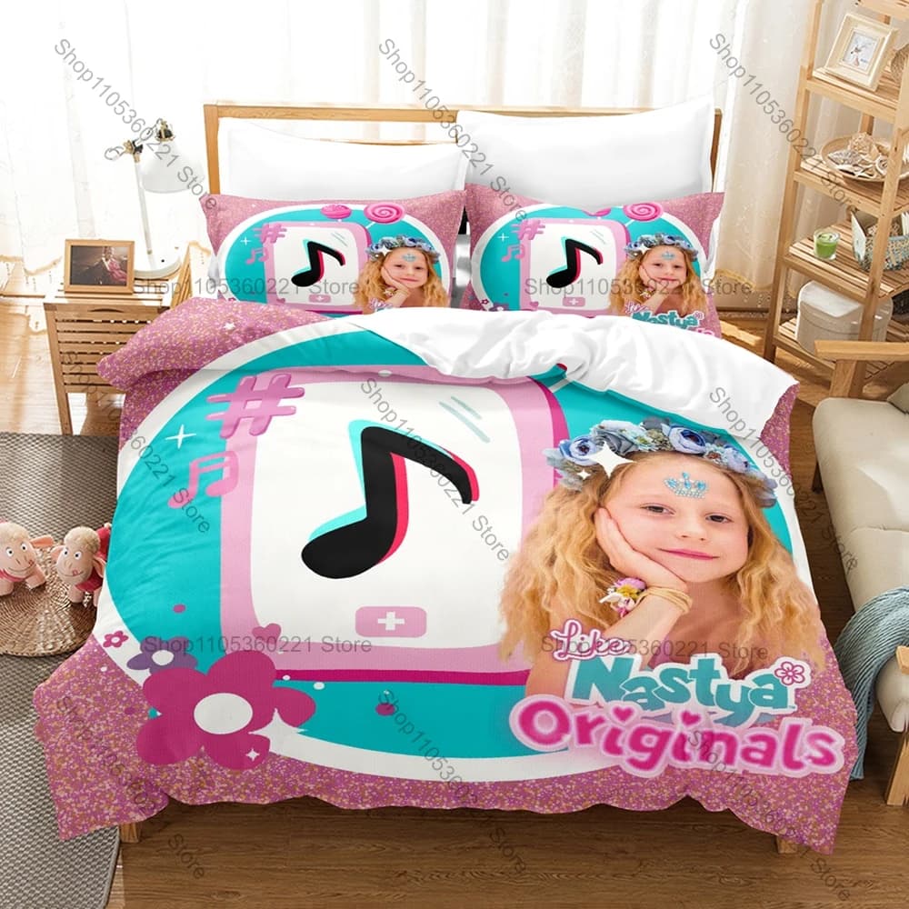 Cool Soft Polyester Microfiber Like Nastya Playful Kids Influencer Themed 3PCS Bedding 1 Duvet Cover + 2 Pillowcases All Season