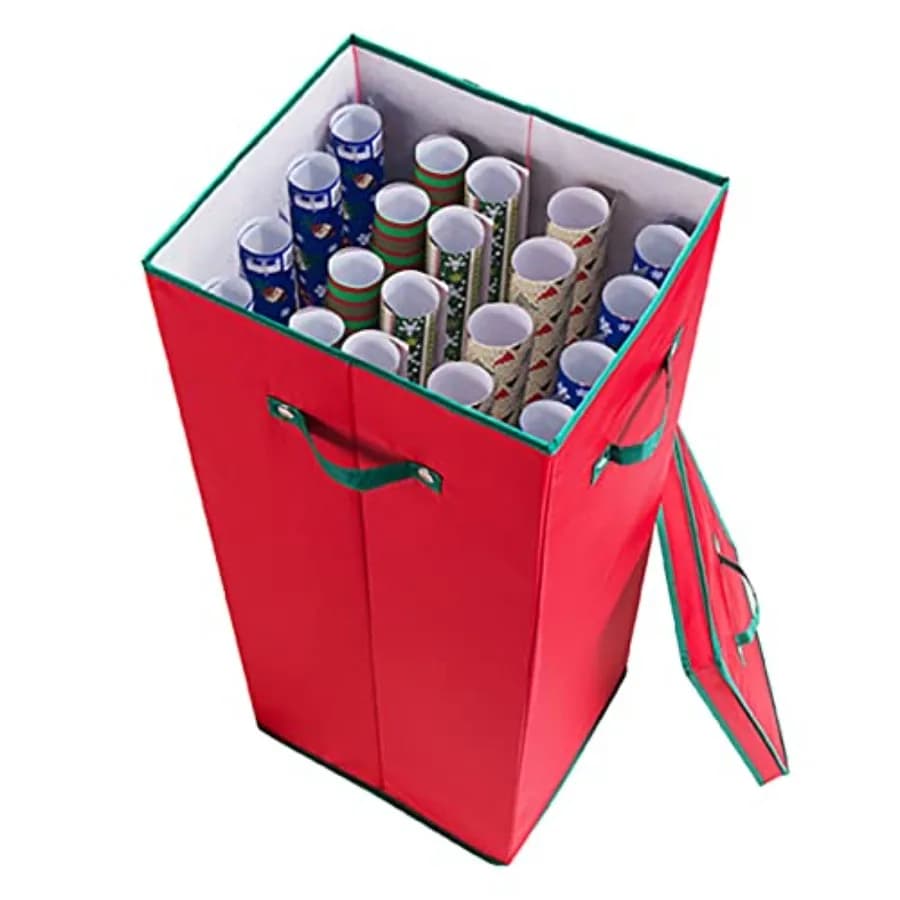 Wrapping Paper Storage Box- Holds 20 Rolls of 30" Gift Wrap-Upright Container with Lid, Dividers and Handles-Christmas and Birt