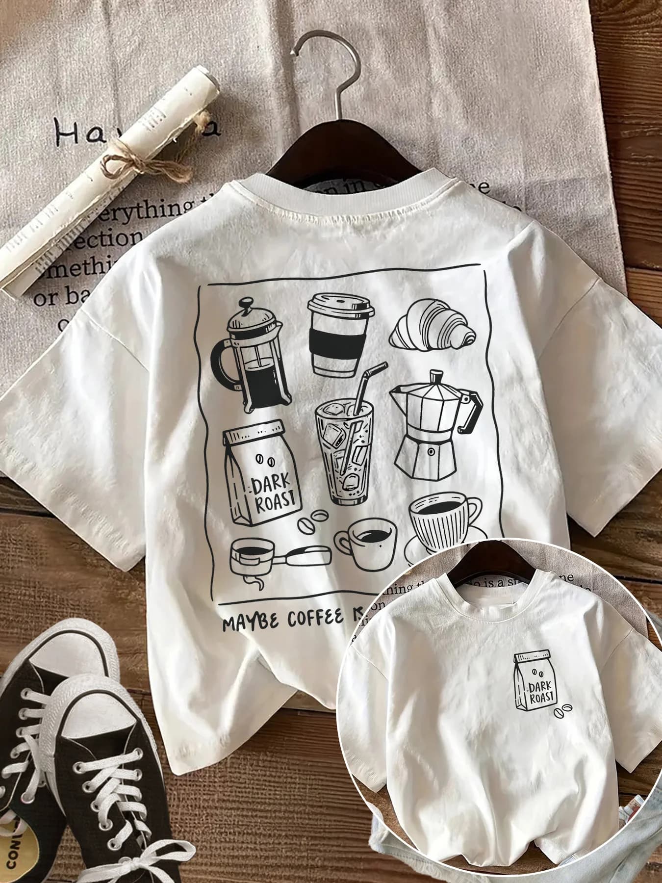New Spring/Summer Hand-Painted Style Coffee and Bread Pattern Casual Round Neck Short-Sleeve Women's T-Shirt Graphic T Shirts