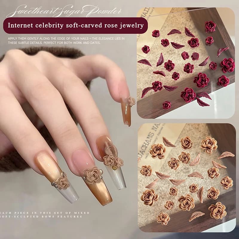 50 Pezzi Decorazioni per Unghie 3D con Rose e Foglie in Resina Adesiva, Strass per Manicure, Charm Kawaii