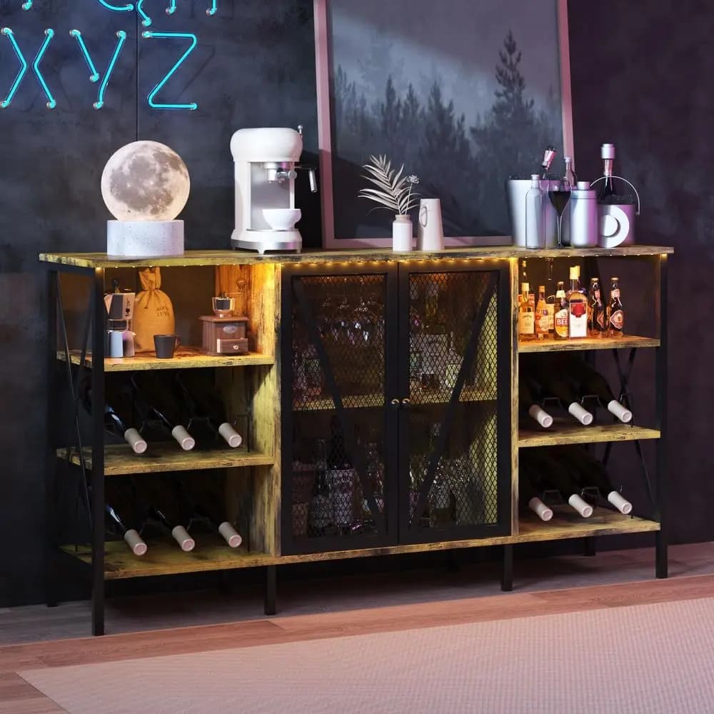 Mobile Bar da Fattoria in Metallo con Luci LED, Portabottiglie e Portabicchieri, Stile Industriale