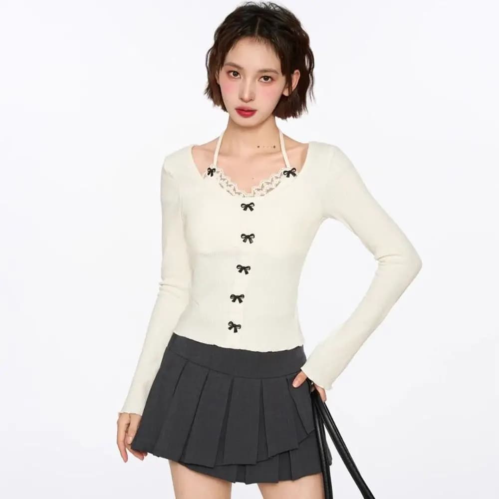 Lace Tied Up Long Sleeved T Shirts Slim Fit Korean Style Y2k Slim Neck Hanging Tank Top Female Top Thin Strap