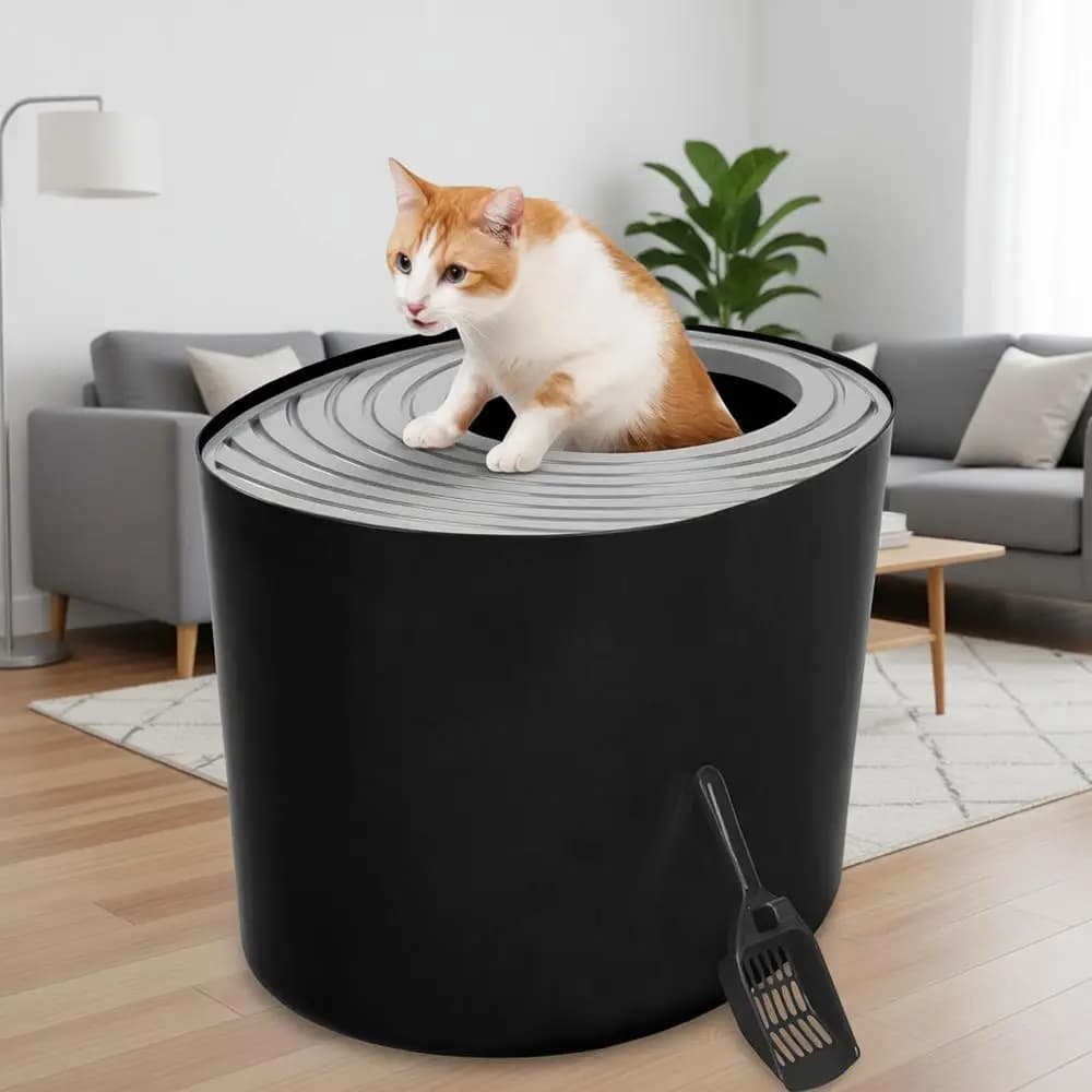 Lettiera per Gatti con Ingresso Superiore e Paletta, Elegante Recinto Rotondo, Nero/Grigio