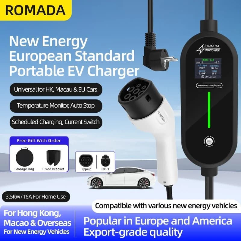 ROMADA 3.5KW 16A EV caricatore portatile 10M cavo Type2 IEC62196 EVSE Wallbox adattatore spina europea per veicolo elettrico