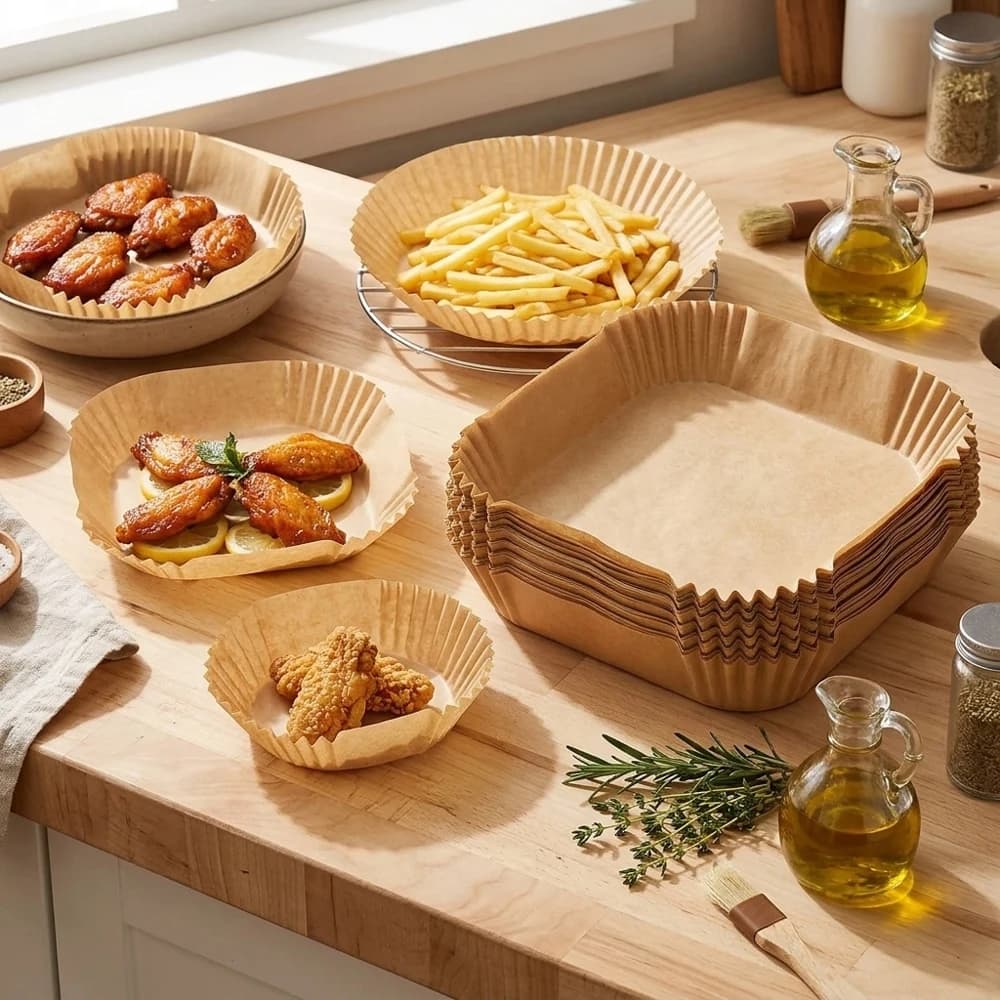 50/100 Pezzi Fogli di Carta Antiaderenti Monouso per Friggitrice ad Aria, Rotondi e Quadrati, Resistenti all'Olio, all'Acqua e al Calore, per Cucina
