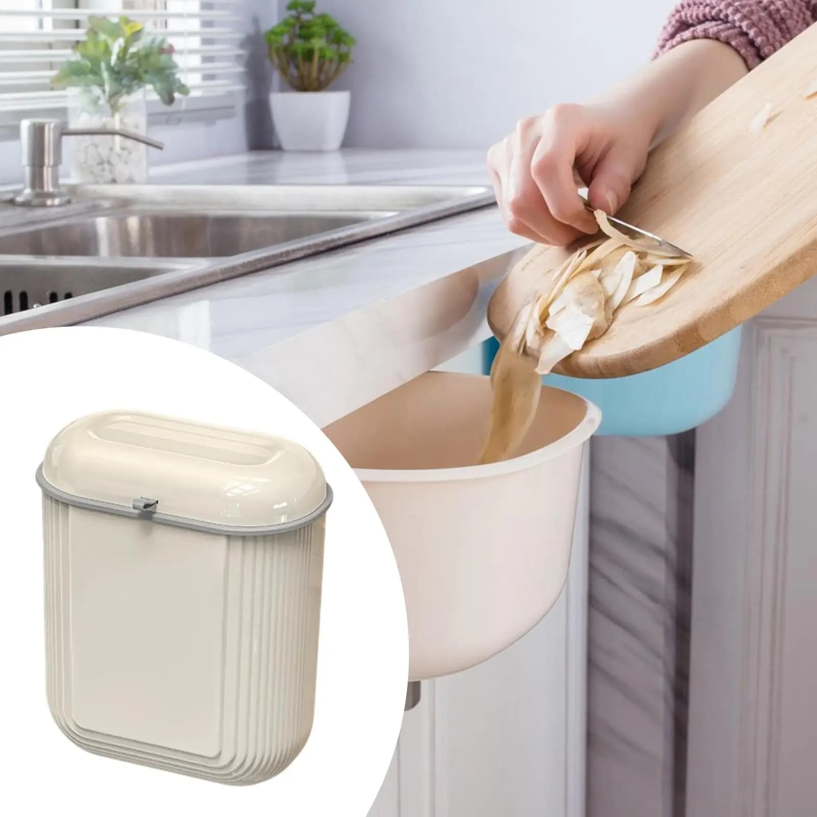 Space Saving Rectangular Hanging Trash Can with Lid 12L Kitchen Compost Bin Wall Mount Garbage Basket for Cabinet and Bathroom