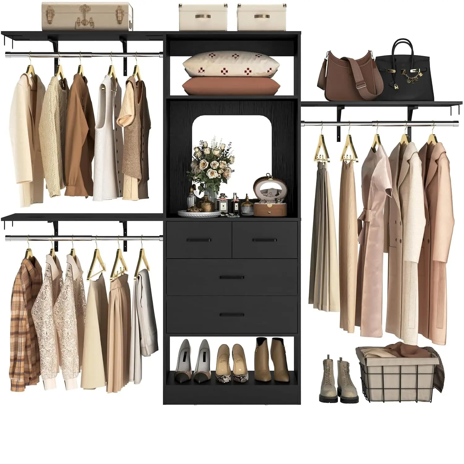 96" Closet Organizer System 8FT Walk in Wardrobe Tower Hanging Rods Shelves Drawers Mirror Heavy Duty 1000LBS Black, Customized