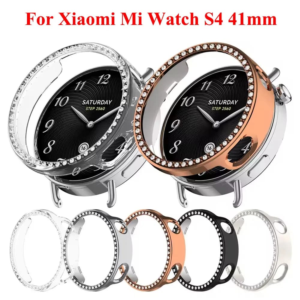 Custodia Protettiva in Vetro e PC con Diamanti per Xiaomi Watch S4 41mm, Accessori per Smartwatch
