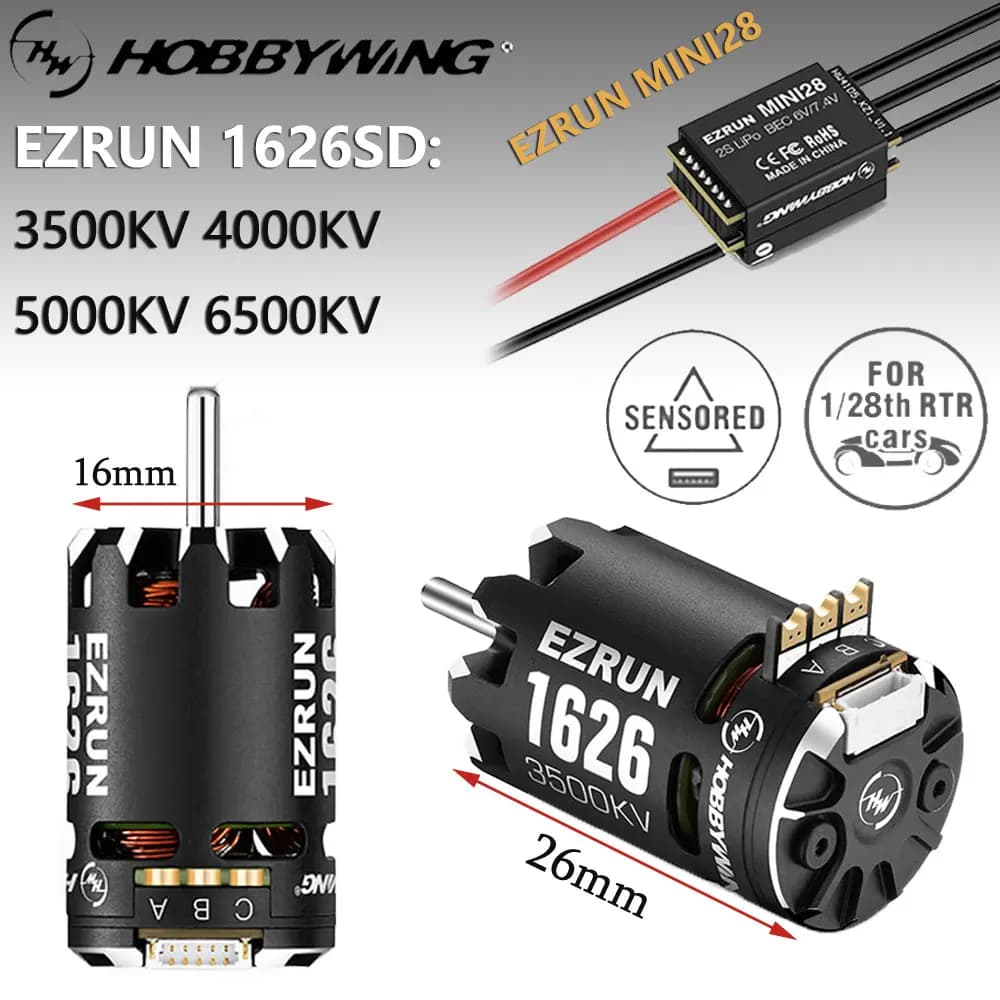 HobbyWing Sensored ESC EZRUN MINI28 30A 2S 6V/7.4V/3.5A Motore Brushless EZRUN 1626 SD Combo per 1/28 RC Car GL Racing Drift