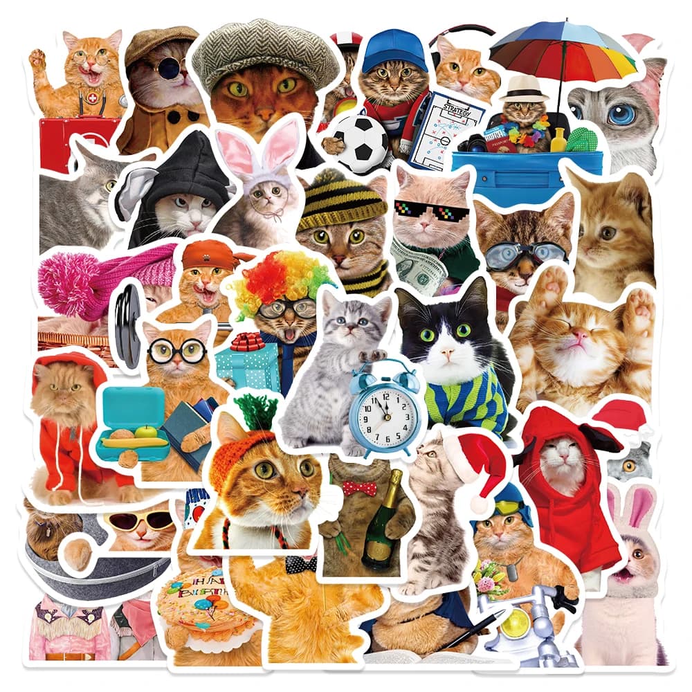 50 Adesivi Divertenti con Animali e Gatti, Simpatici Decalcomani Cartoon per Bambini, Decorazioni per Laptop, Notebook, Valigie e Moto