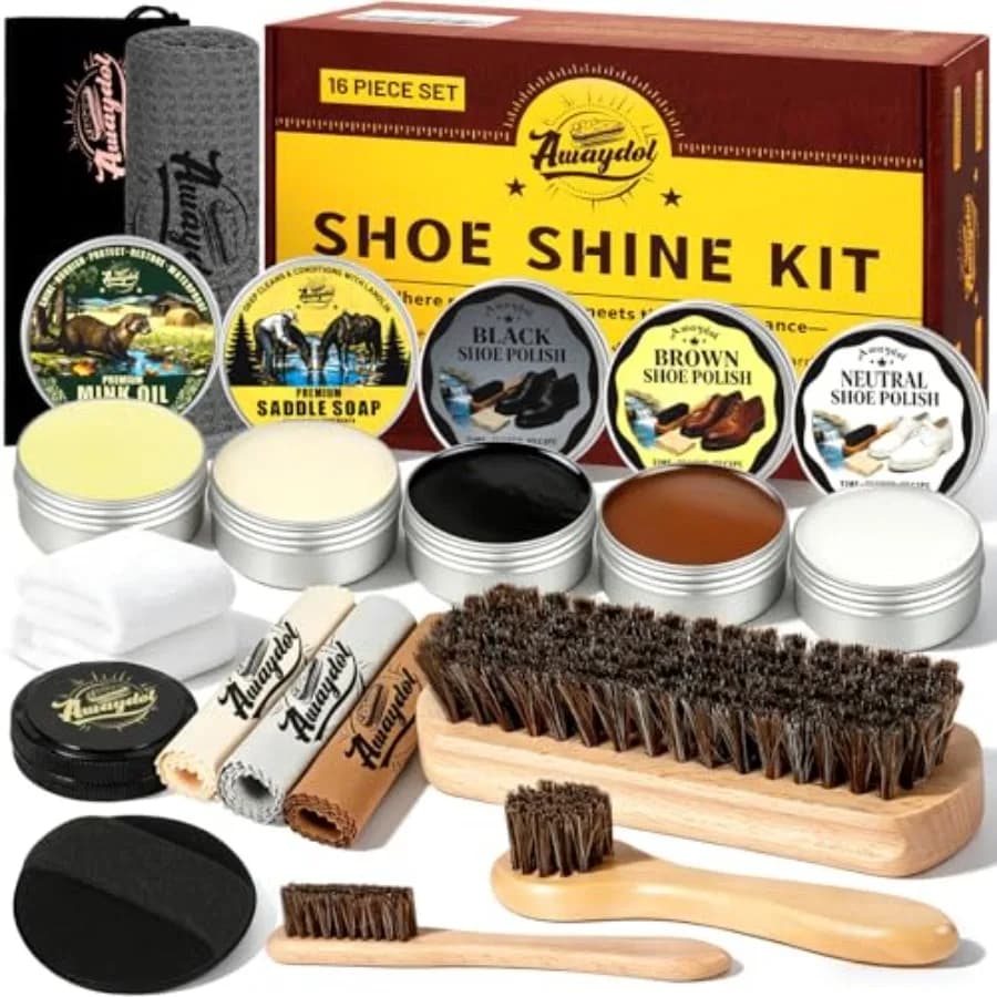 Kit Lucidascarpe 16-in-1 con Sapone per Cuoio, Olio di Visone, Lucido per Scarpe Nero/Marrone/Neutro, Spazzole in Crine di Cavallo
