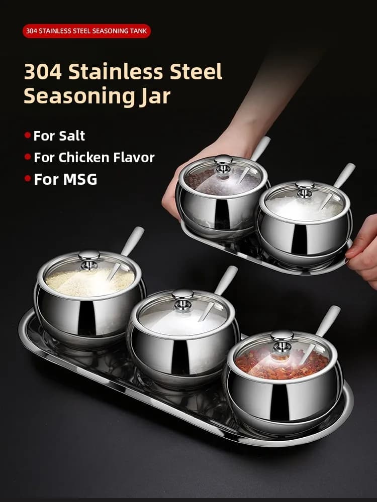Set di Barattoli per Spezie in Acciaio Inox 304 per Cucina, Uso Domestico, Bottiglia per Sale, Contenitore per Pepe, Cucchiaio Incluso, Stile Lussuoso