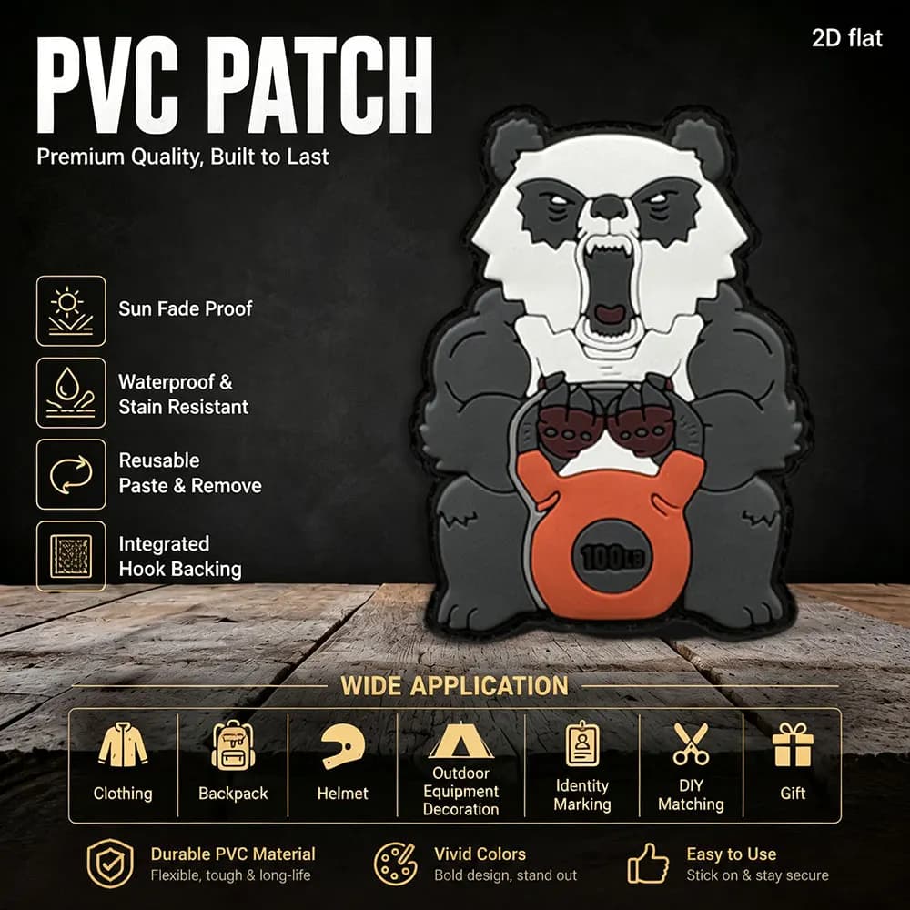 Kettlebell-wielding roaring panda alien patch, available in 1PC, 2PC, 3PC options, made of PVC, luminous material, comes with matching hook-and-loop patches for backpacks, hats, jackets, luggage, DIY decorative patches