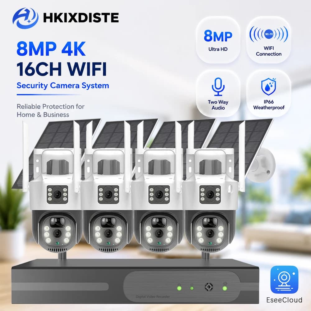 16CH 5MP NVR System 8MP Dual Lens Solar WiFi Camera Kit PTZ Security Camera PIR Detection 2-Way Audio Color Night Vision Outdoor