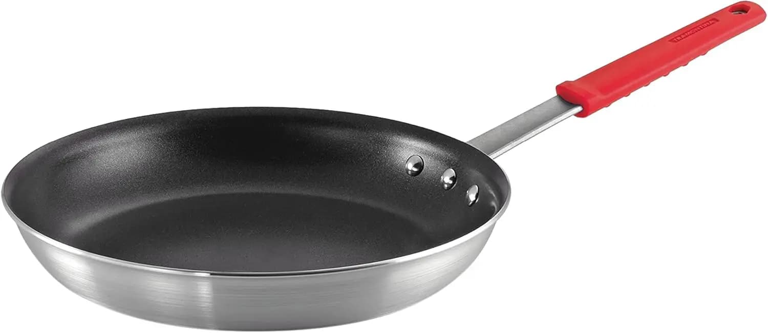 12 inch large non-stick pan, large-grade aluminum pan with reinforced coating, red handle, dishwasher safe and oven